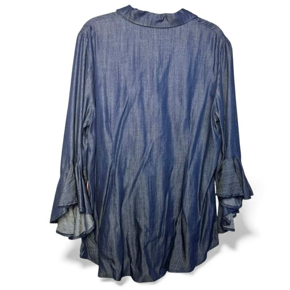 Liverpool Denim Ruffle Sleeve Button Up Top Size Large - Picture 3 of 5